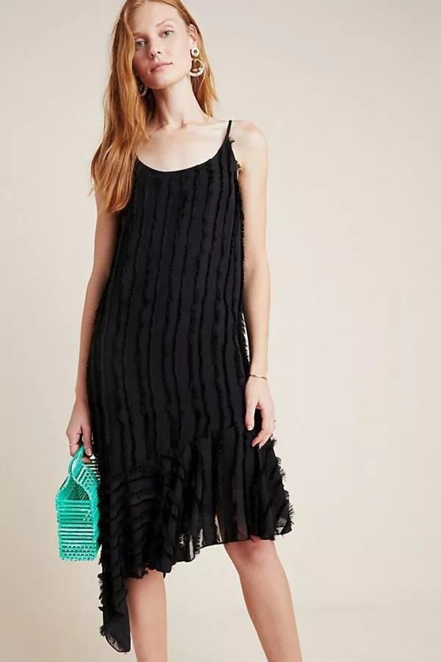 Anthropologie Eri + Ali Fringe Slip Knee Length Dress Black Size Medium NWT